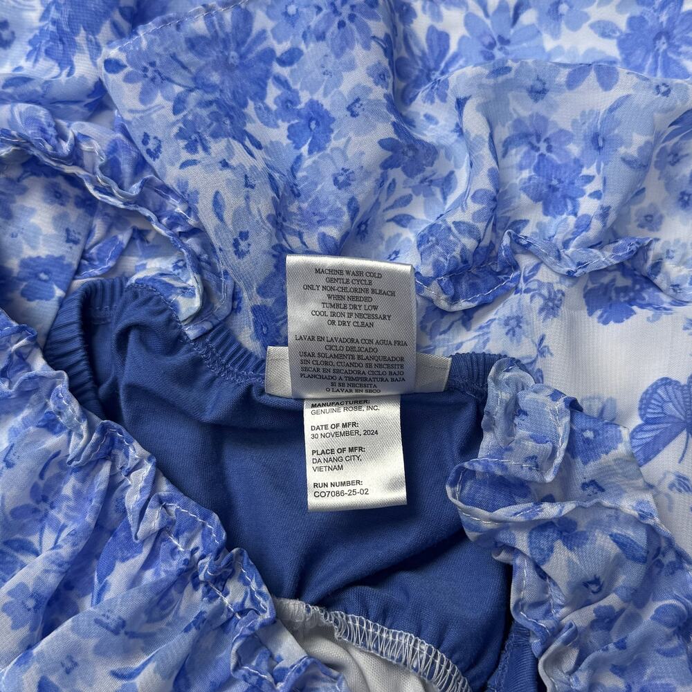 Girls Sundress Blue White Floral Tiered Ruffle Straps Lined Size 7 - Picture 2 of 4